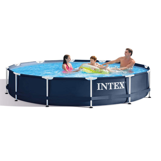 Intex Metal Frame 12 Foot x 30 Inch Round Above Ground Outdoor Backyard Swimming Pool with 530 GPH Filter Cartridge Pump, Navy
