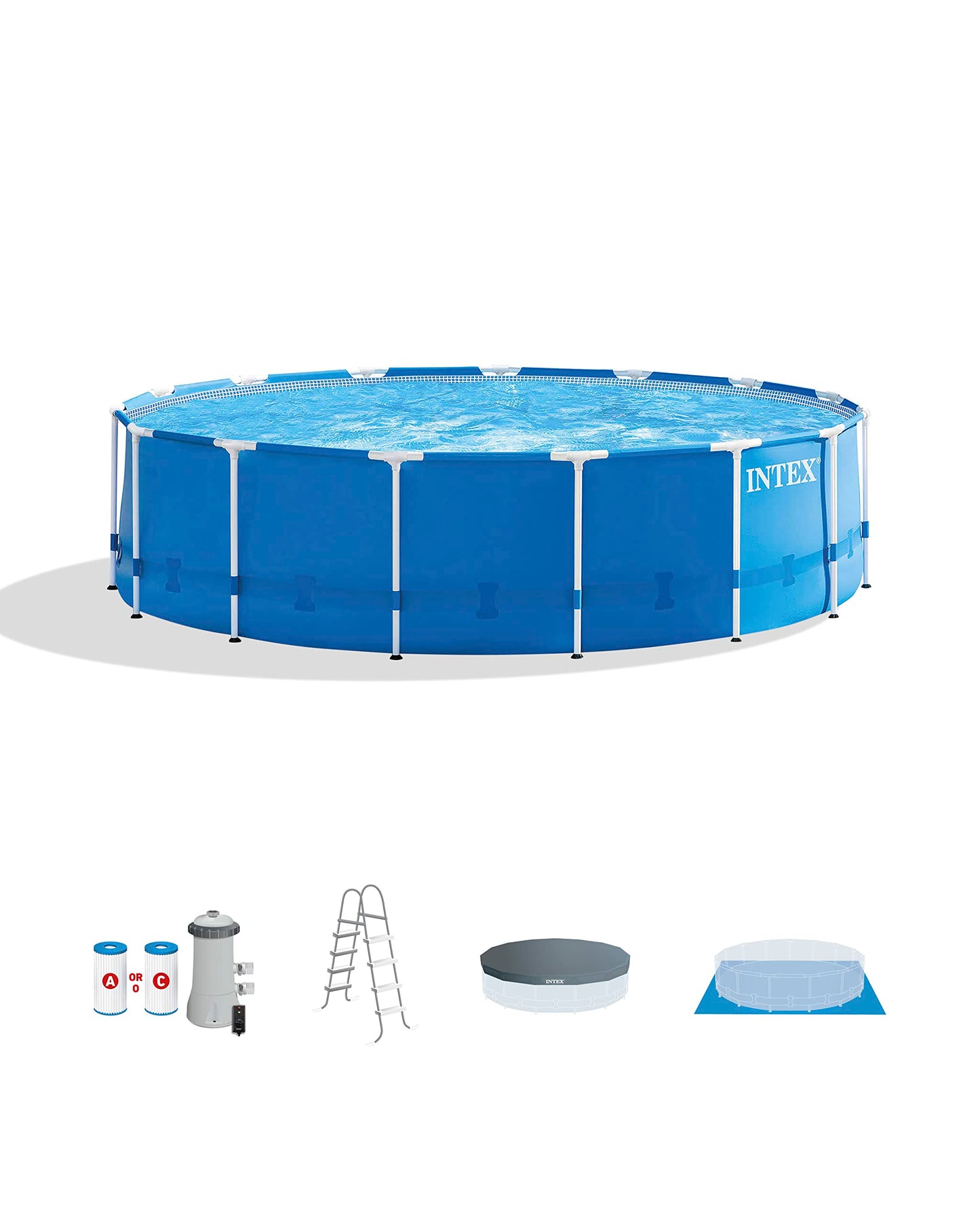 INTEX 28241EH Metal Frame Above Ground Swimming Pool Set: 15ft x 48in – Includes 1000 GPH Cartridge Filter Pump – Removable Ladder – Pool Cover – Ground Cloth Metal Frame Pool