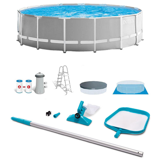 Intex Prism Frame 15' x 48" Above Ground Swimming Pool Set with Filter Pump, Ladder, Pool Cover, and Maintenance Pool Cleaning Kit with Vacuum Skimmer