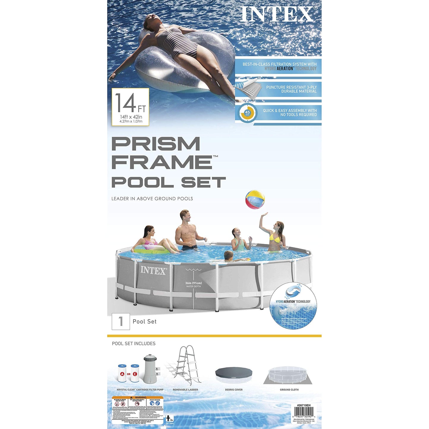 INTEX 26719EH Prism Frame Premium Above Ground Swimming Pool Set:14ft x 42in – Includes 1000 GPH Cartridge Filter Pump – SuperTough Puncture Resistant– Rust Resistant –3357 Gallon Capacity, Light Grey Frame Pool 14FT x 42IN