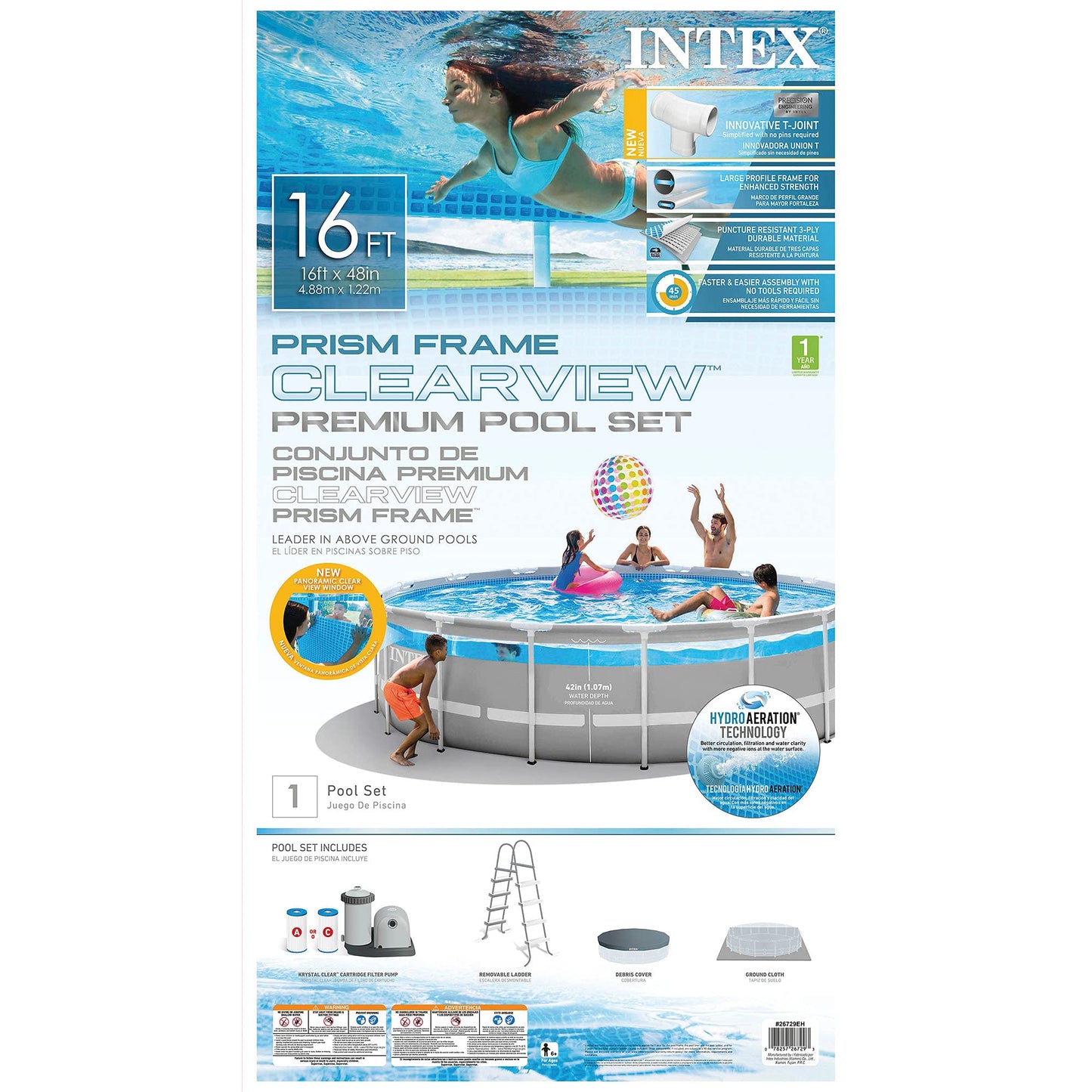 Intex 26729EH 16 Foot by 48 Inch Clearview Prism Frame Above Ground Swimming Pool with Filter Pump, Ladder, Cover, Ground Cloth & Robot Vacuum Cleaner