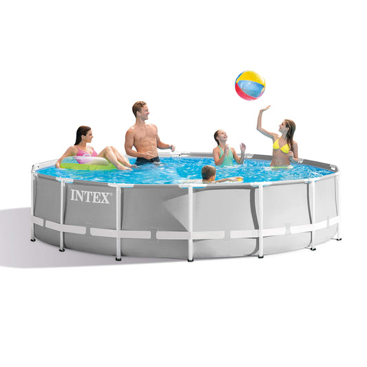 INTEX 26719EH Prism Frame Premium Above Ground Swimming Pool Set:14ft x 42in – Includes 1000 GPH Cartridge Filter Pump – SuperTough Puncture Resistant– Rust Resistant –3357 Gallon Capacity, Light Grey Frame Pool 14FT x 42IN