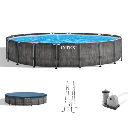 Intex Greywood Prism Frame Ensemble de piscine extérieure ronde hors sol de 18 pi x 48 po avec pompe à filtre de 1 500 GPH, échelle, tapis de sol et couverture de piscine de 18 pieds 