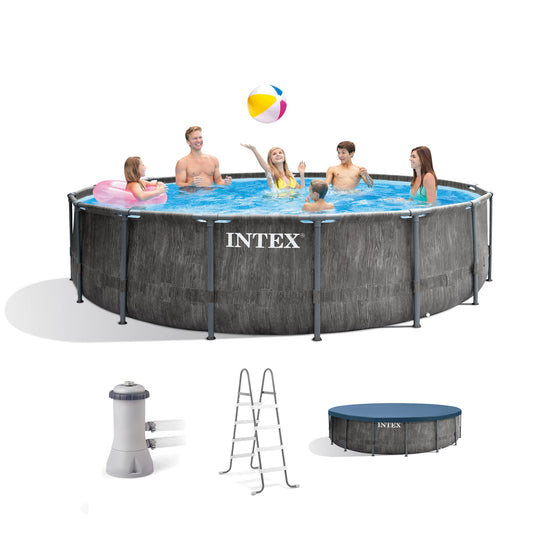 Intex Greywood Prism Frame Ensemble de piscine extérieure ronde hors sol de 15' x 48" avec pompe à filtre 1000 GPH, échelle, tapis de sol et couverture de piscine 